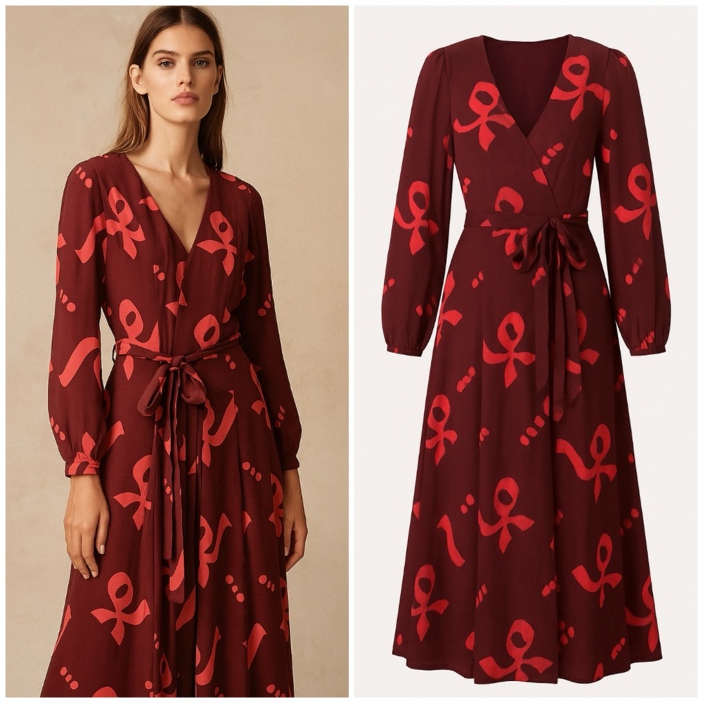 LemLem Maroon Patterned Tie Front Silk Long Sleeve Maxi Dress Womens Medium